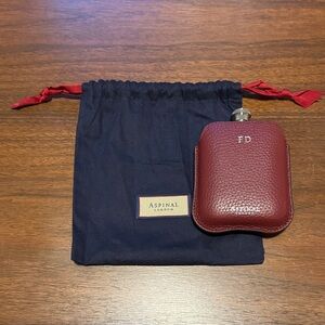 Aspinal of London Burgundy Pebble Leather Hip Flask “FD” 5oz